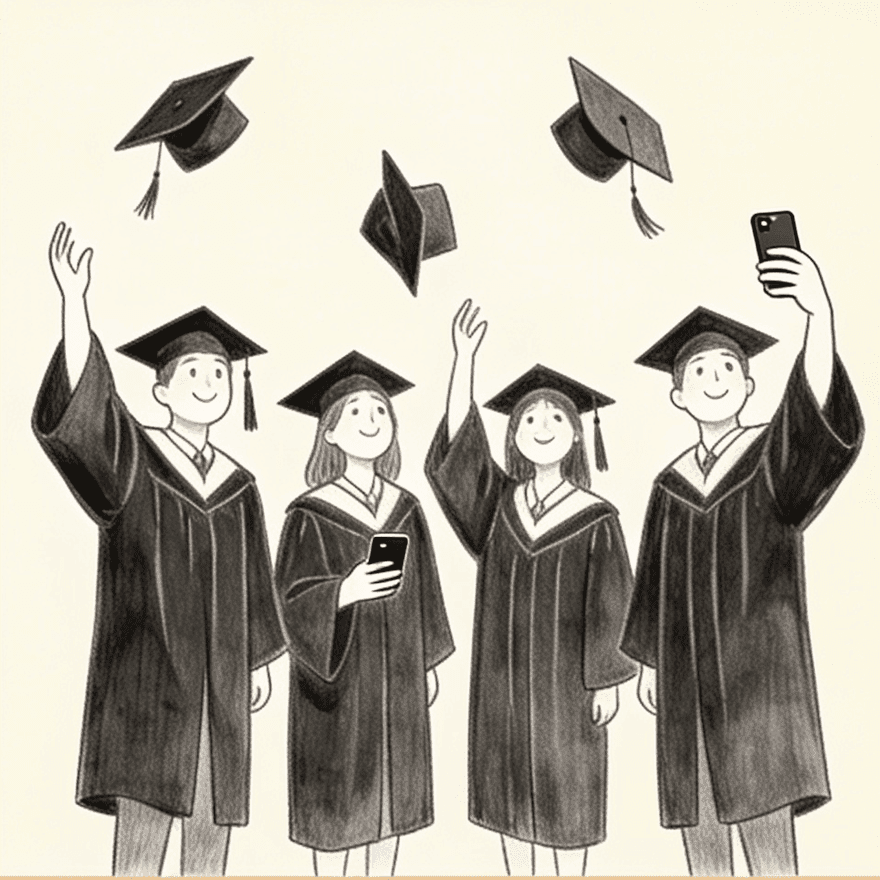 A line drawing of a graduate holding a cap