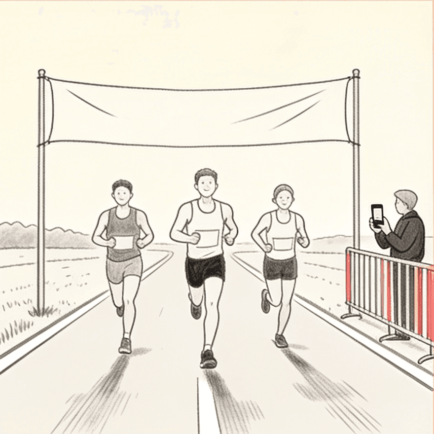 A line drawing of a runner finishing a race