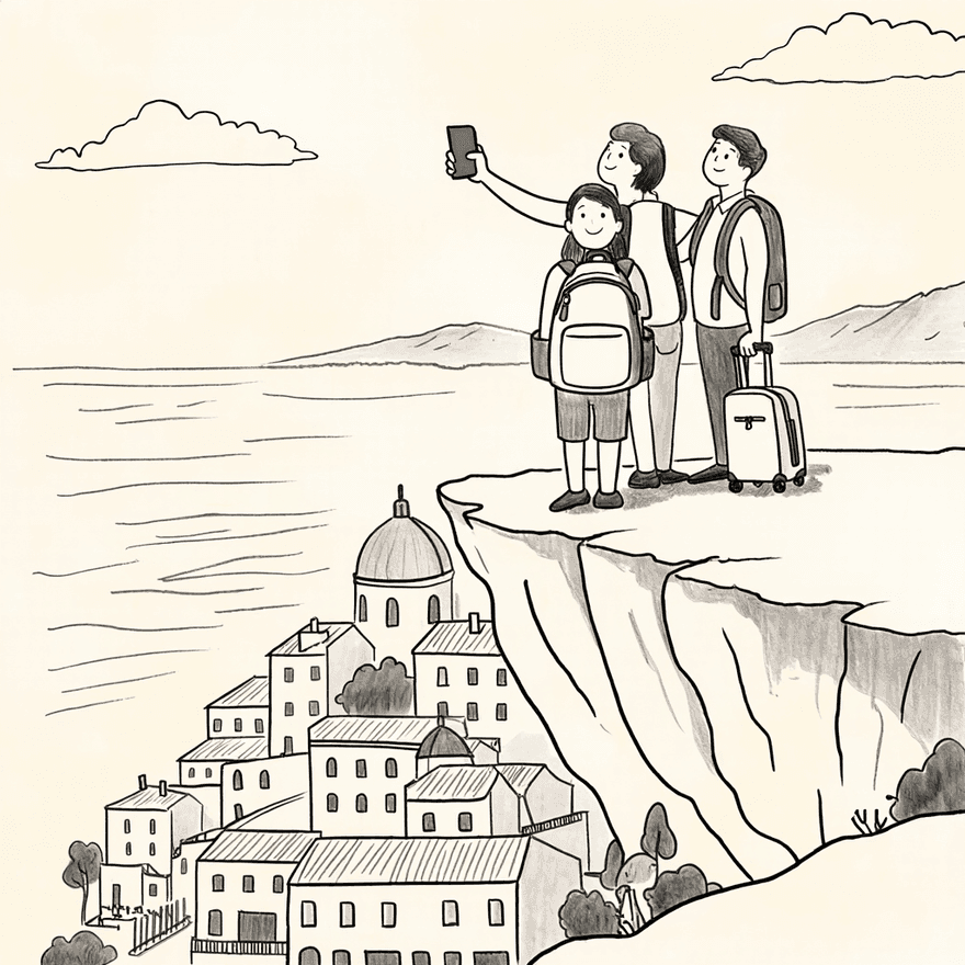 A line drawing of four friends looking out over a coast