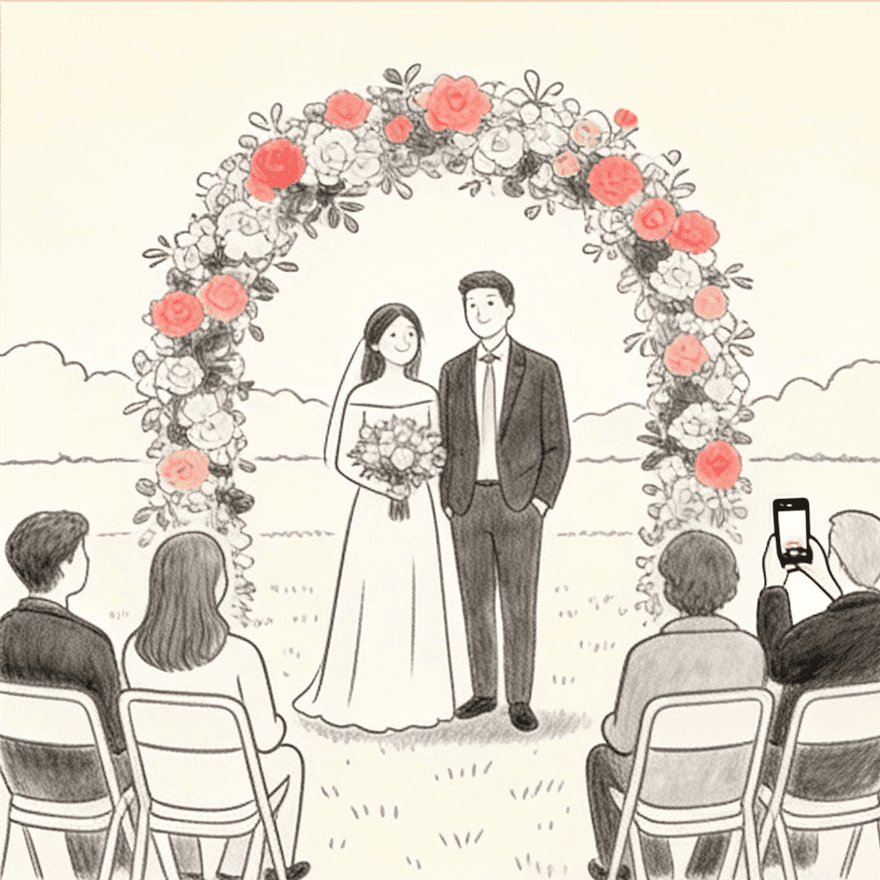 A line drawing of a couple at their wedding